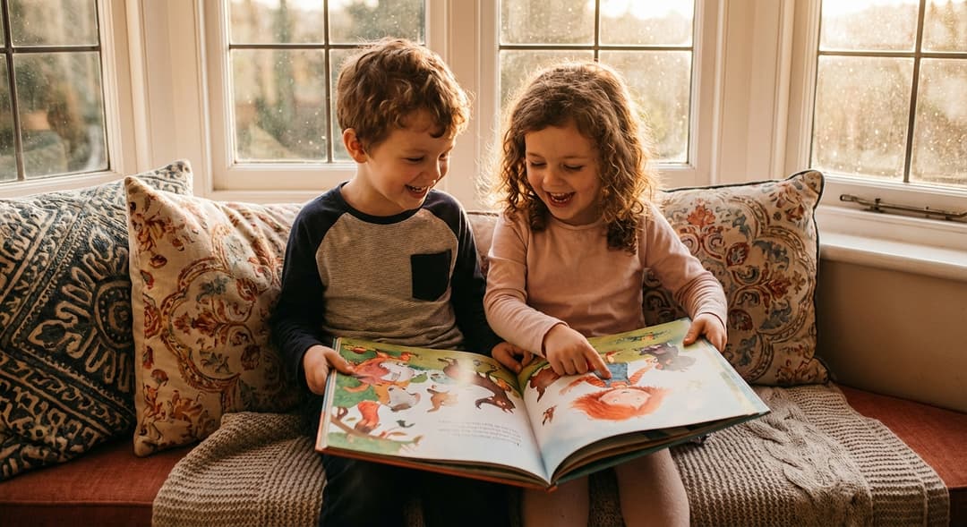 Two kids sharing a storybook together