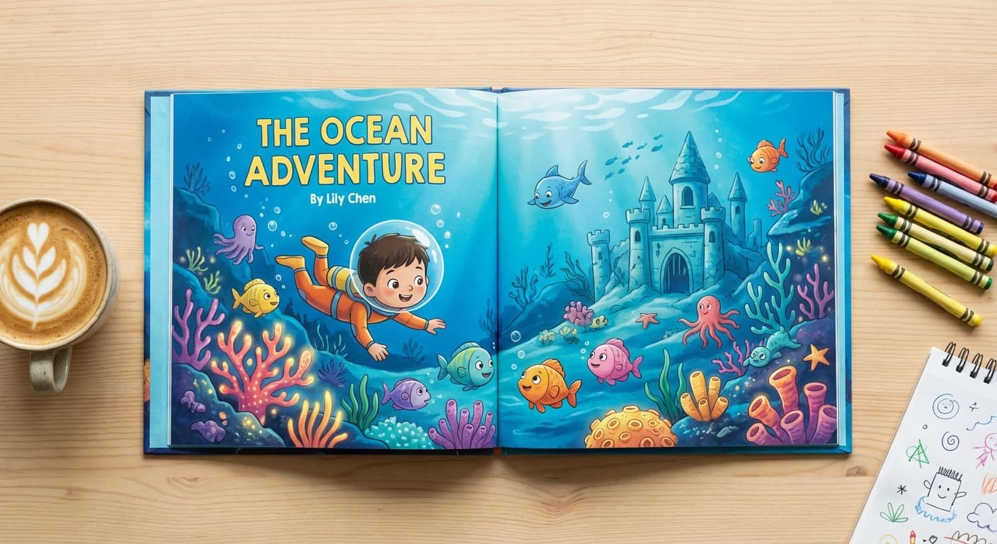 An open personalized storybook showing a full-page illustration and facing prose