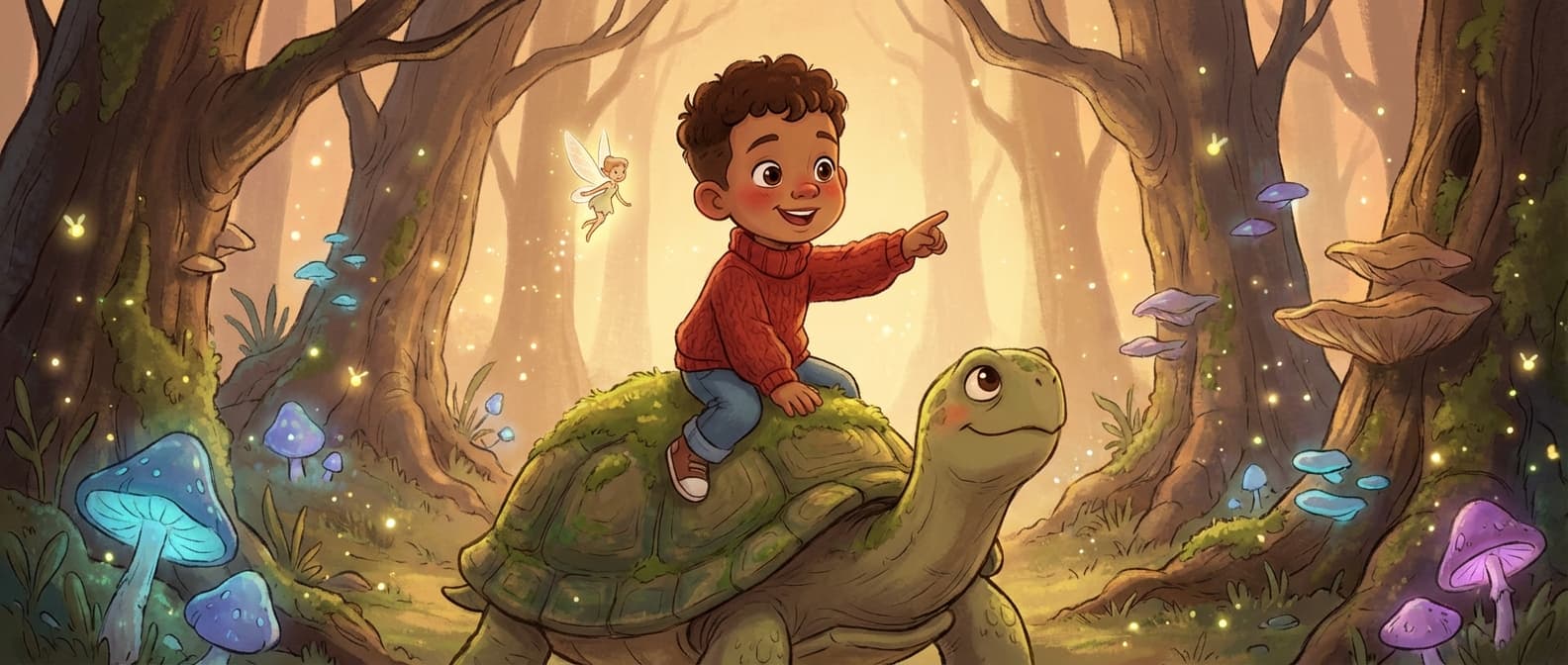 A child riding a giant tortoise through an enchanted forest