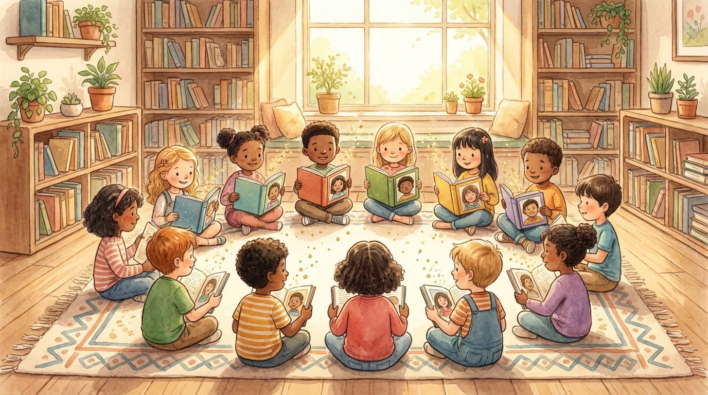 Children reading their personalized storybooks together