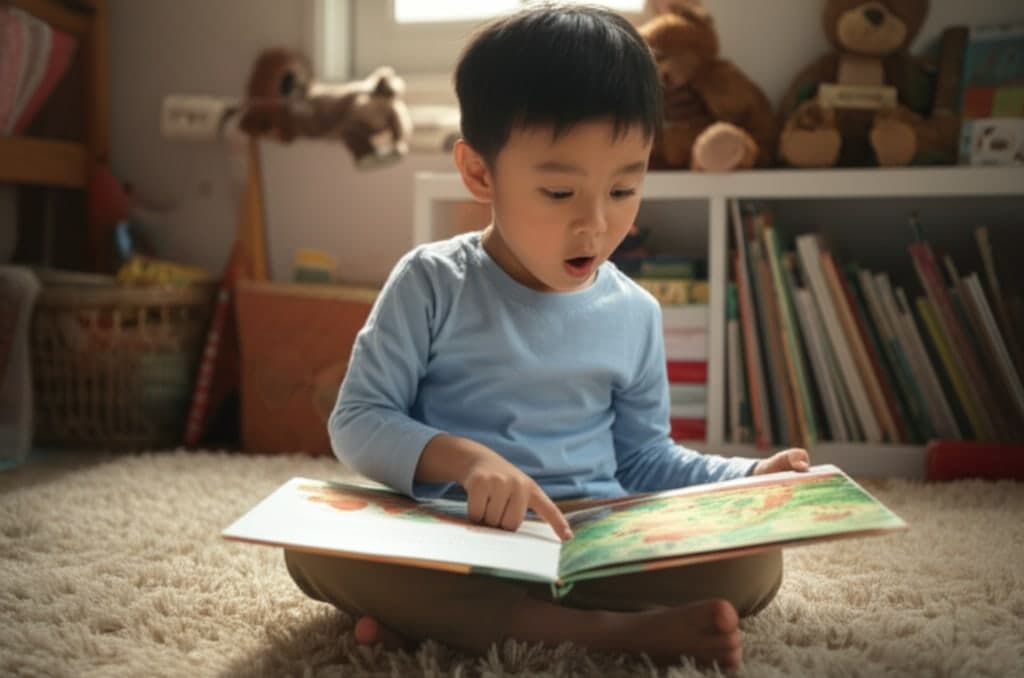 A child reading a hardcover storybook