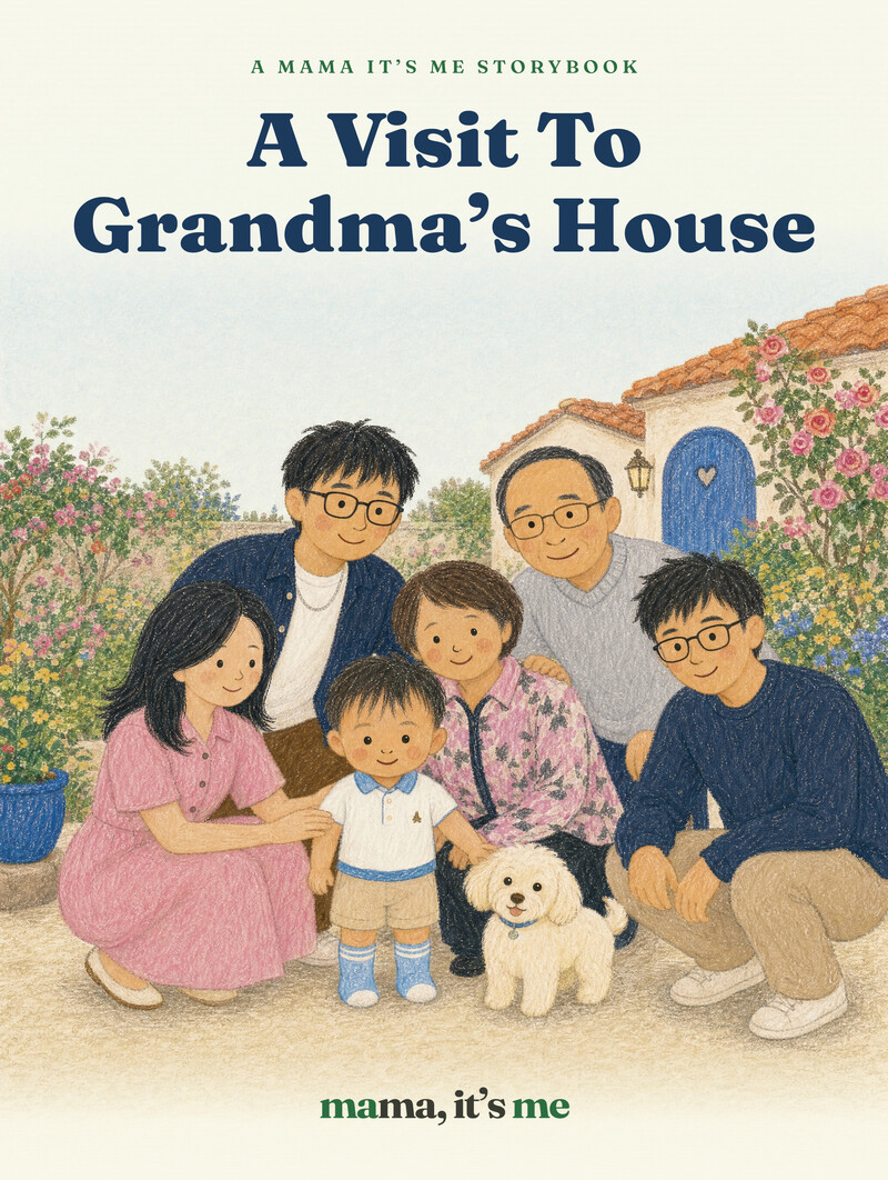 The front cover of A Visit To Grandma’s House: a little boy with his parents, grandparents, uncle and white dog outside a house with a blue door