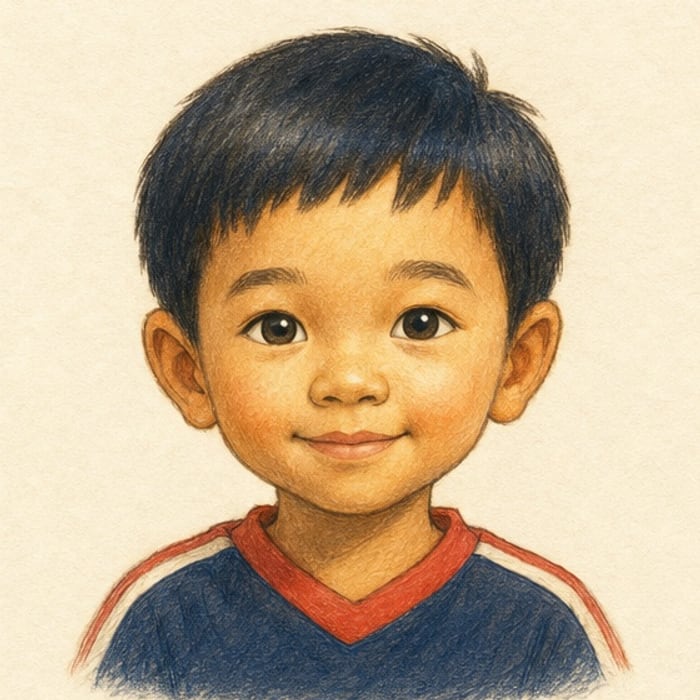 The same boy as a colored-pencil storybook character