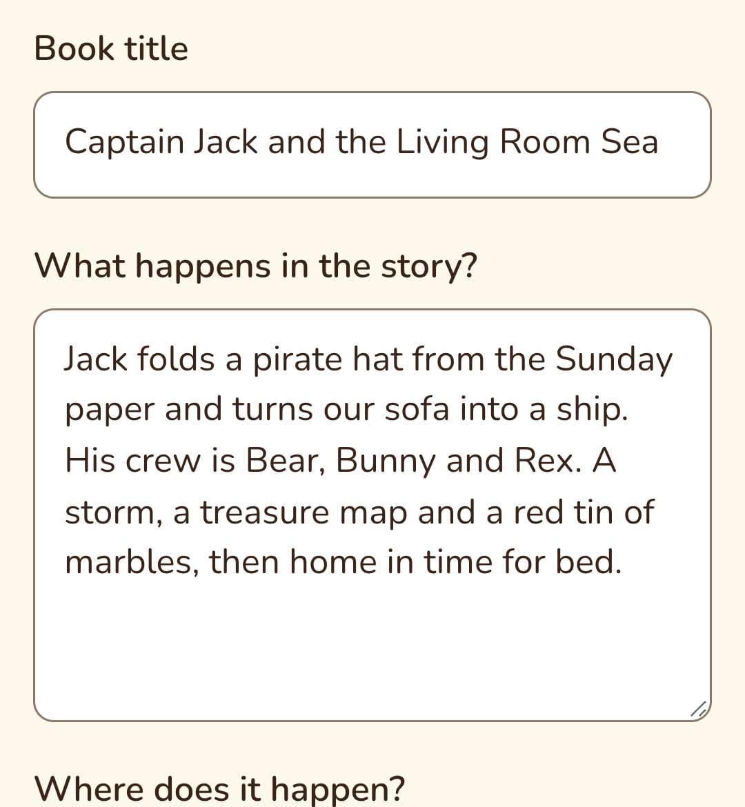 Our story screen, filled in: the book’s title and what happens in the story