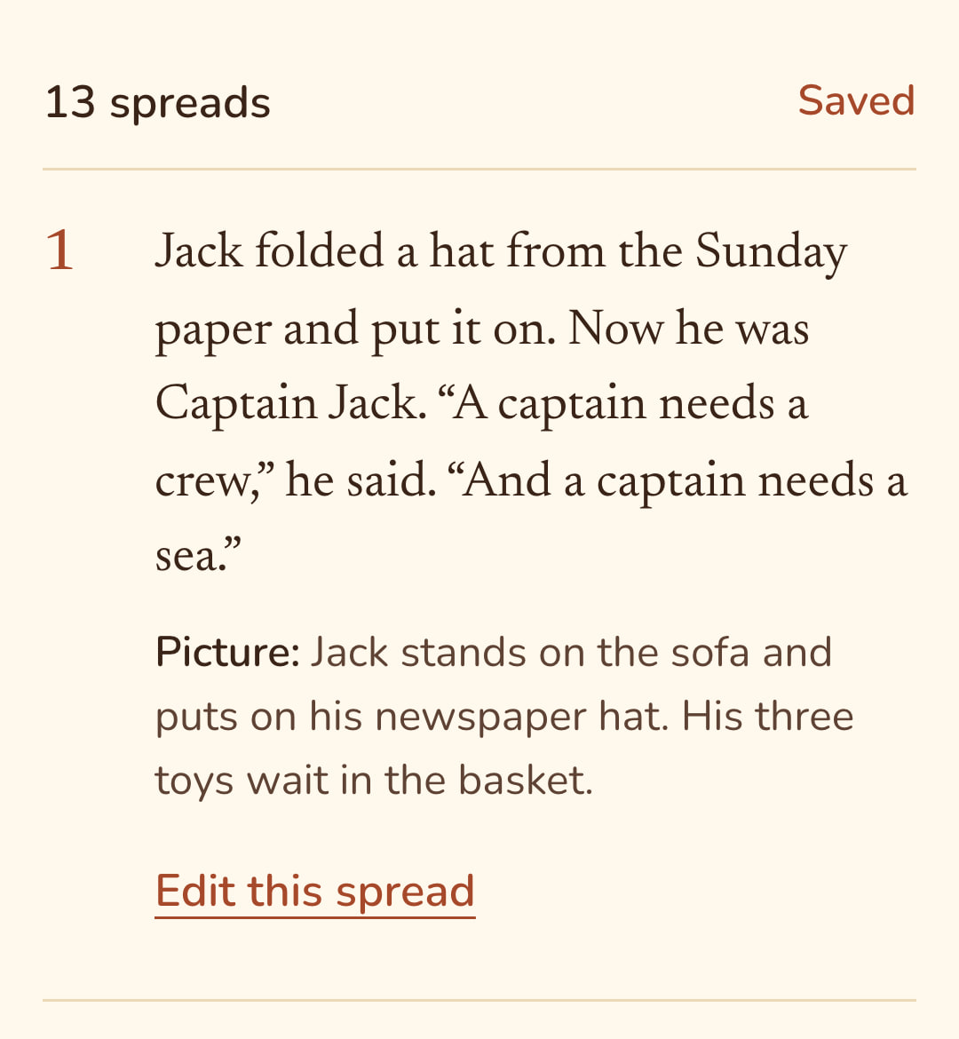 The plan: the words for a page and what its picture will show, with a link to edit it